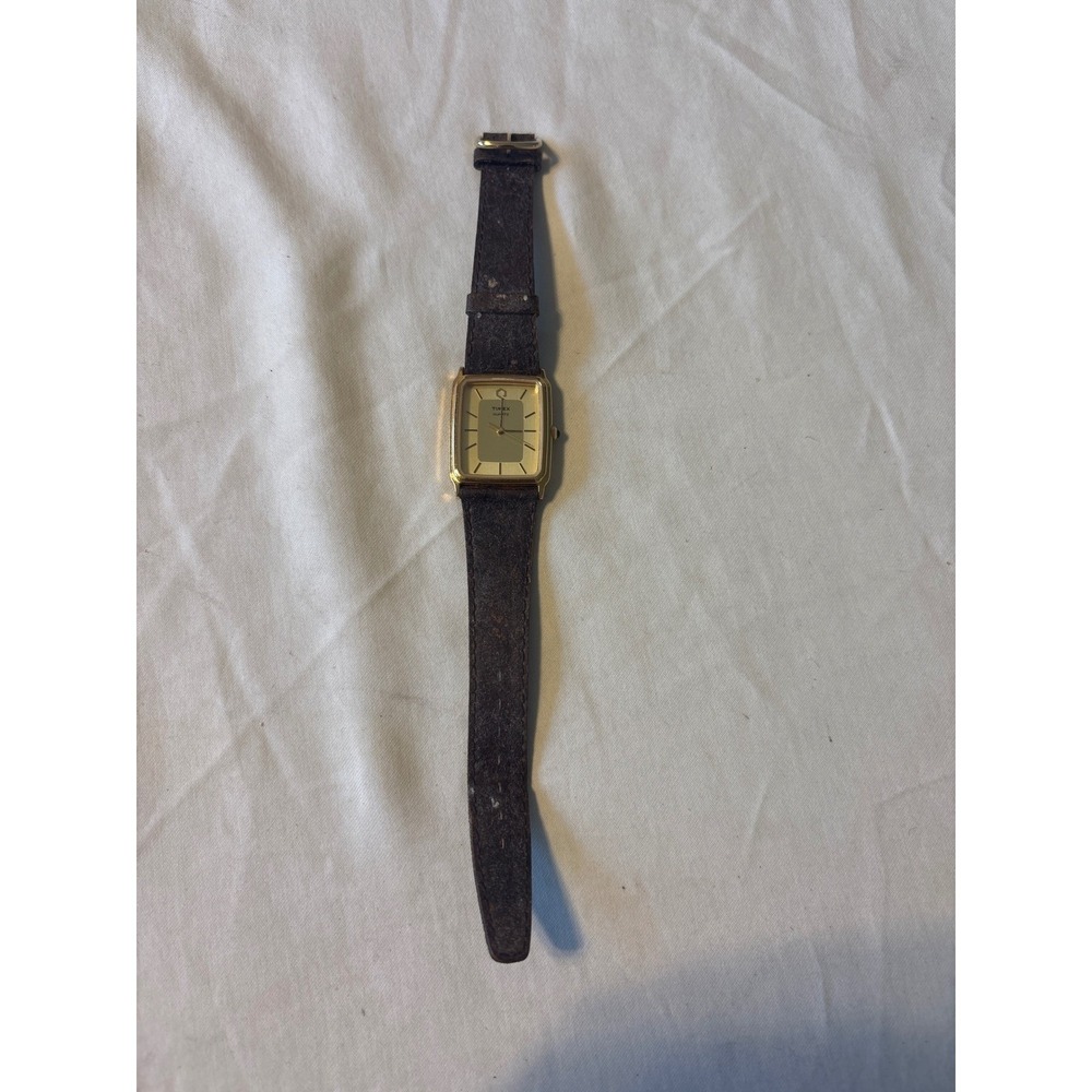 Timex Quartz Watch Unisex Gold Rectangular Brown Leather Strap selling for parts